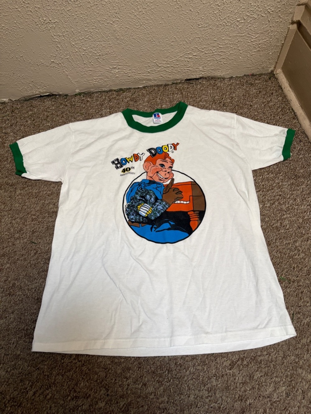 Russell Athletic White T‑Shirt with Green Trim and Multicolor Graphic